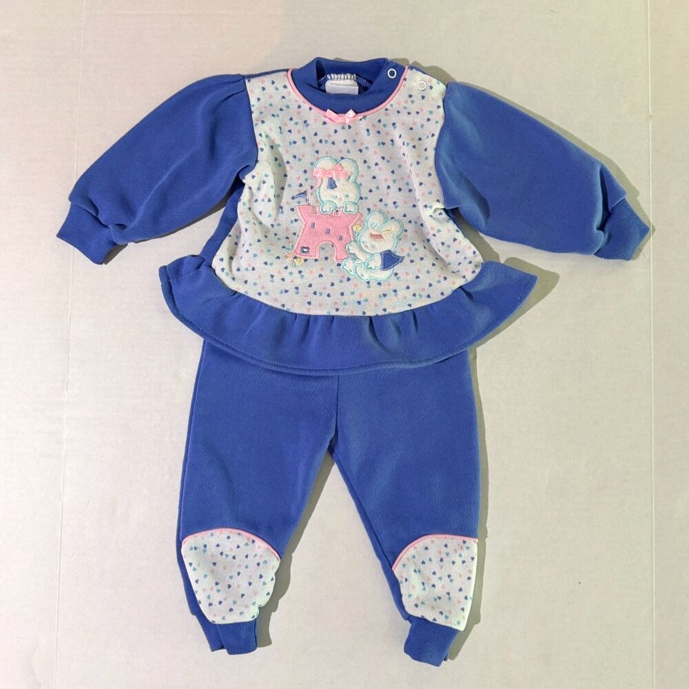 VTG 90s Girl's Blue & Pink Applique Bunny Ruffle Sweatsuit Set 2 pc, 12m